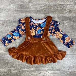 Fall Floral top & Caramel Velvet Suspender Skirt